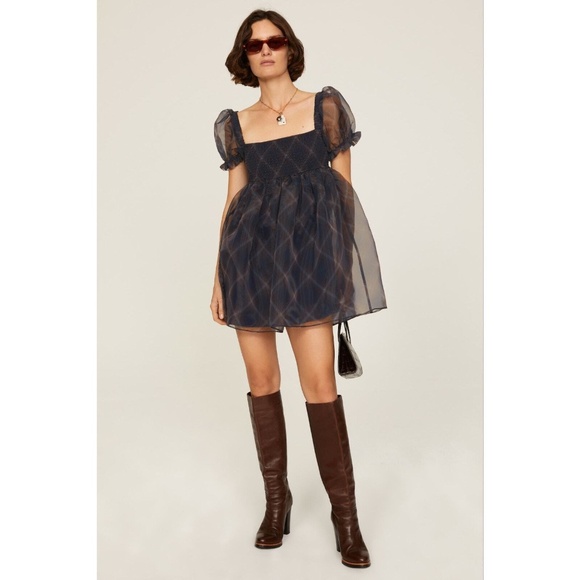 WeWoreWhat Puff Sleeve Organza Mini Dress Blue Plaid Small Frock Square Neck - Picture 1 of 6